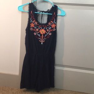 Blue Romper with Floral Embroidery